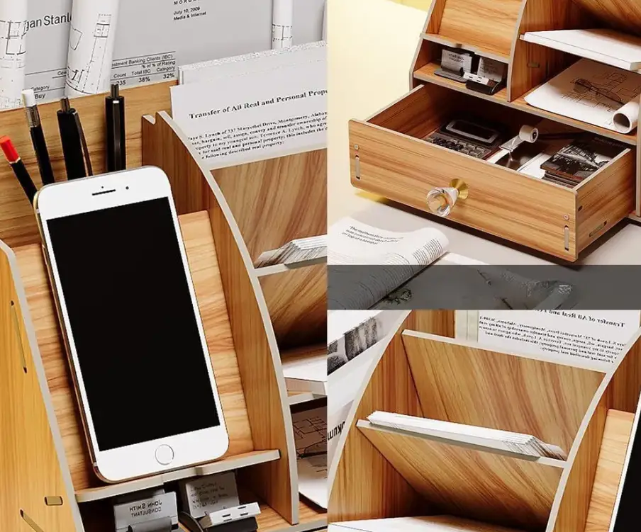 Bambus Organizer mit Stiften, Briefen und Notizblock